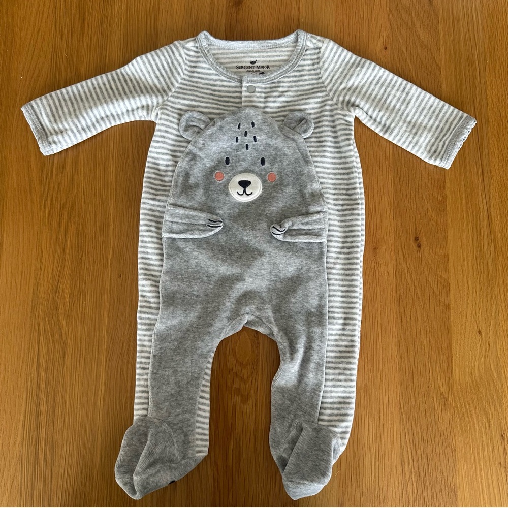 Sergent Major Cozy Gray Striped Footies with Bear Appliqué